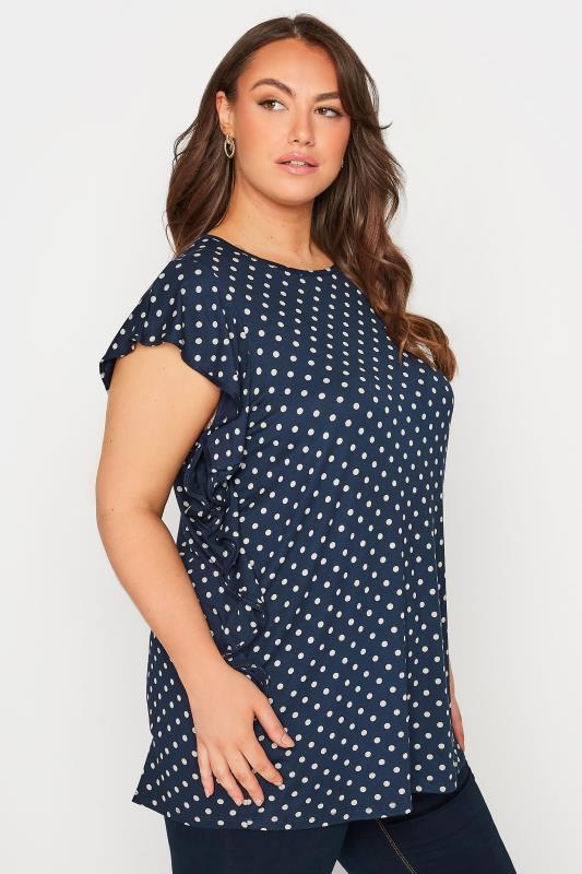 Plus Size Navy Blue Polka Dot Frill Top | Yours Clothing 4