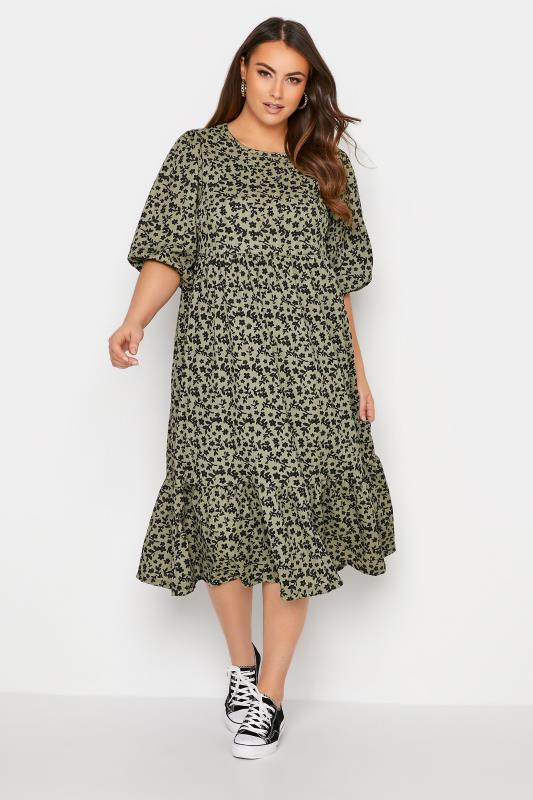 Plus Size  Curve Khaki Green Floral Print Tiered Midi Dress