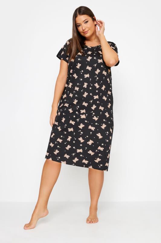 YOURS Plus Size Black Teddy Bear Print Nightdress | Yours Clothing 2
