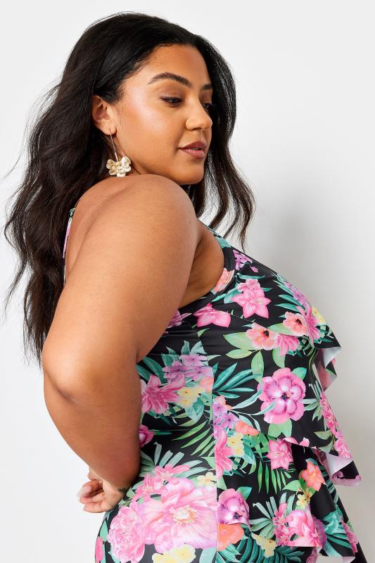 YOURS Plus Size Black Floral Print Frill Tummy Control Swimsuit | Yours Clothing 5