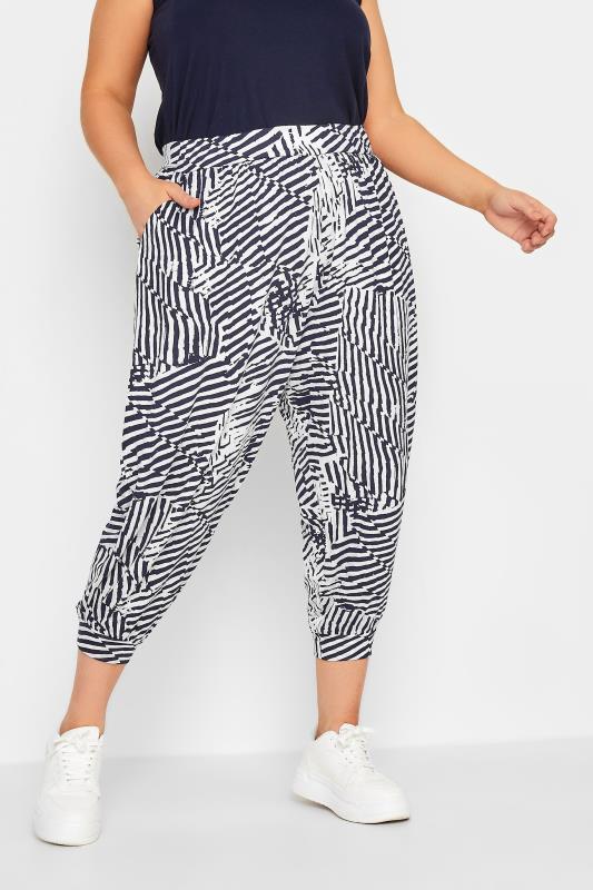 YOURS Curve Navy Blue Sketch Print Crop Harem Trousers | Yours Clothing  1