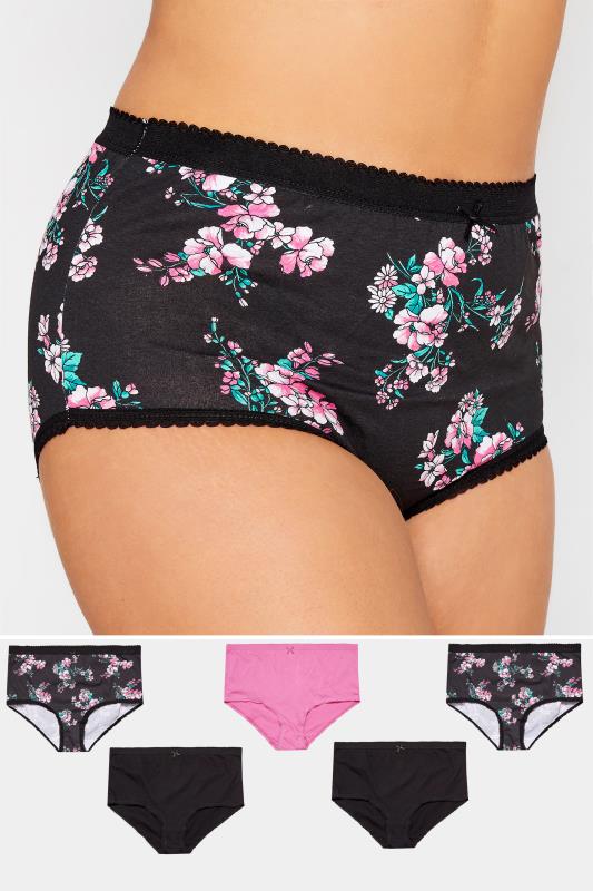 Plus Size  5 PACK Curve Black Floral High Waisted Full Briefs