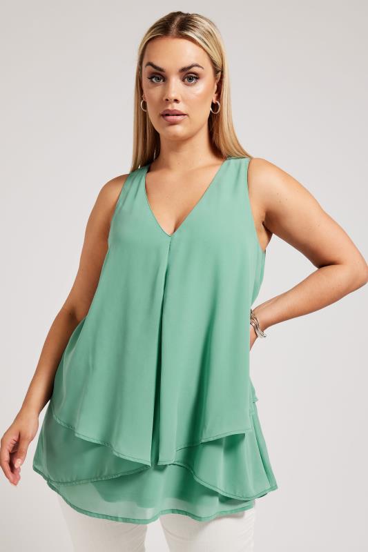 YOURS LONDON Plus Size Green Layered Sleeveless Blouse | Yours Clothing 1