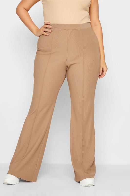 LTS Tall Women's Camel Brown Ribbed Kick Flare Trousers | Long Tall Sally  1