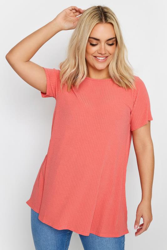 Plus Size  YOURS Curve Coral Orange Ribbed Swing Top