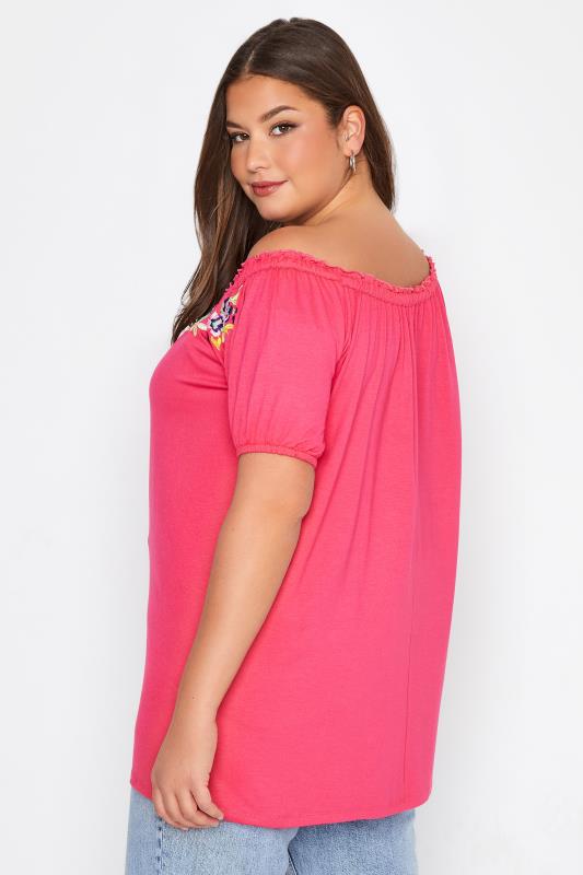Plus Size Pink Embroidered Floral Print Bardot Top | Yours Clothing  3
