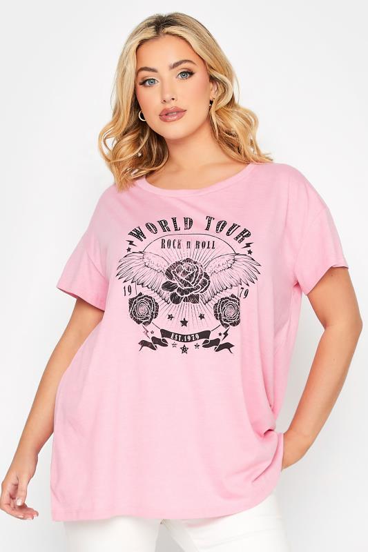 Plus Size  YOURS Curve Pink 'World Tour' Studded Print T-Shirt