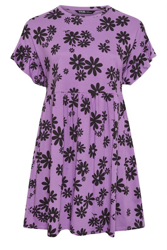 YOURS Plus Size Purple Daisy Print Frill Sleeve Smock Tunic Dress | Yours Clothing 5