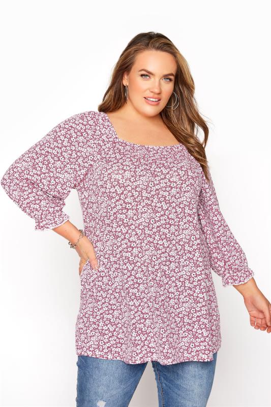 LIMITED COLLECTION Curve Rose Pink Daisy Print Top_A.jpg