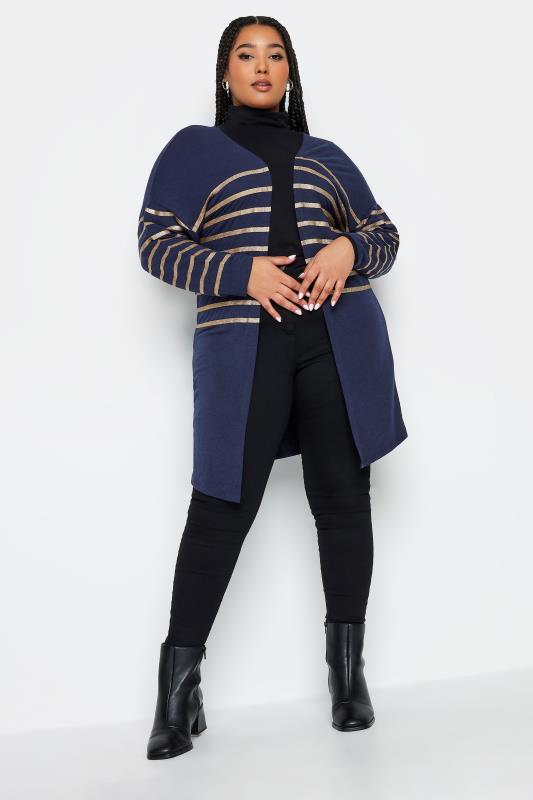 YOURS Plus Size Blue Metallic Striped Cardigan | Yours Clothing 1