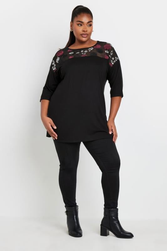 YOURS Plus Size Black & Pink Mesh Embellished Swing Top | Yours Clothing  2