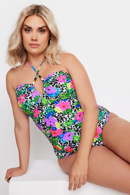 YOURS Plus Size White Floral Dalmatian Print Halter Neck Swimsuit | Yours Clothing 1