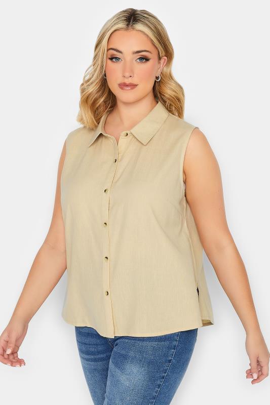 YOURS PETITE Plus Size Stone Brown Linen Blend Sleeveless Shirt | Yours Clothing 1