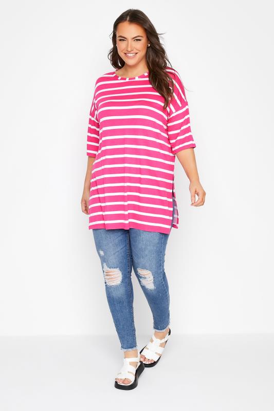 Plus Size Hot Pink & White Stripe Oversized T-Shirt | Yours Clothing 2