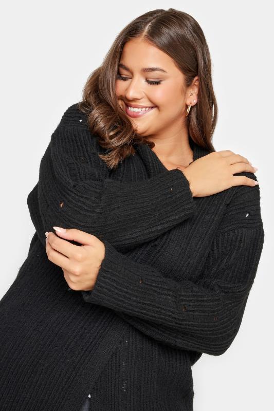 YOURS Plus Size Black Distressed Knit Cardigan | Yours Clothing 3