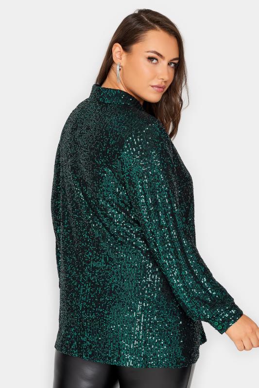 YOURS LONDON Plus Size Dark Green Sequin Embellished Shirt | Yours Clothing 3