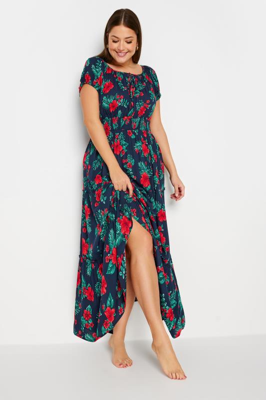 Plus Size  YOURS Curve Navy Blue Tropical Print Bardot Maxi Dress