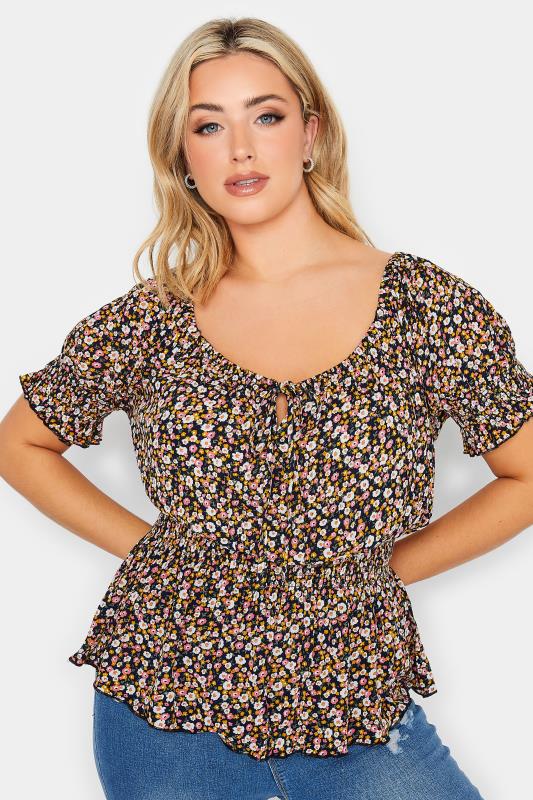 YOURS PETITE Plus Size Navy Blue Floral Bardot Top | Yours Clothing 4