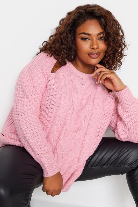 YOURS Plus Size Pink Cable Knit Cut Out Jumper | Yours Clothing 4