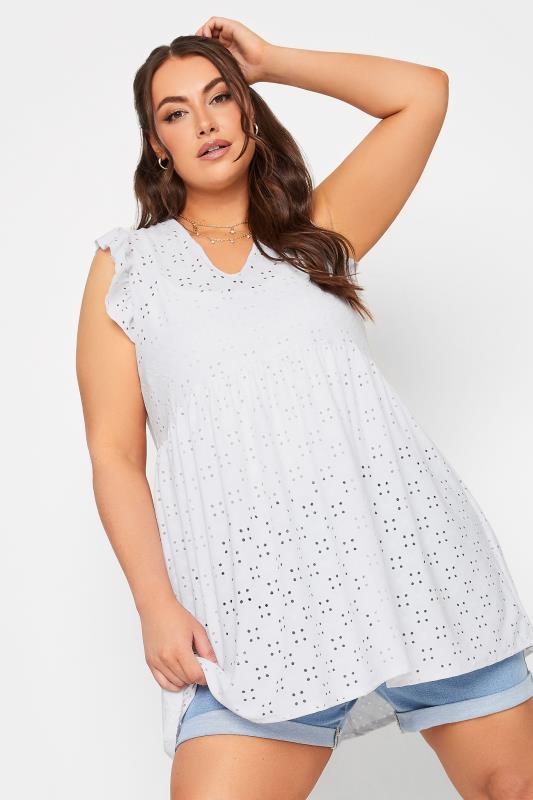 LIMITED COLLECTION Plus Size White Broderie Anglaise Frill Top | Yours Clothing 1