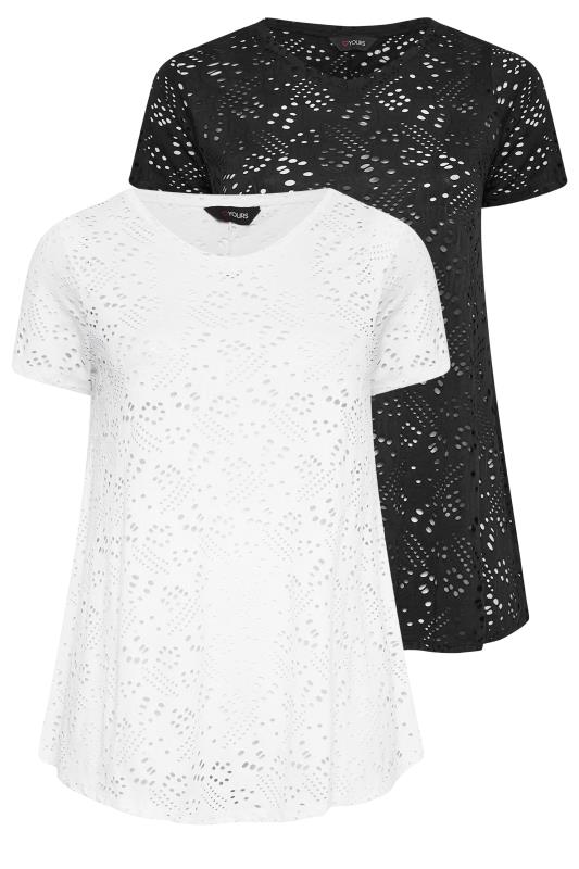 YOURS Curve Plus Size 2 PACK White & Black Broderie Anglaise Swing V-Neck T-Shirt | Yours Clothing  8