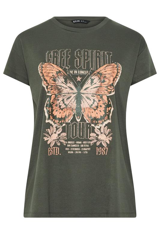 YOURS Plus Size Khaki Green 'Free Spirit' Butterfly Embellished T-Shirt | Yours Clothing 5