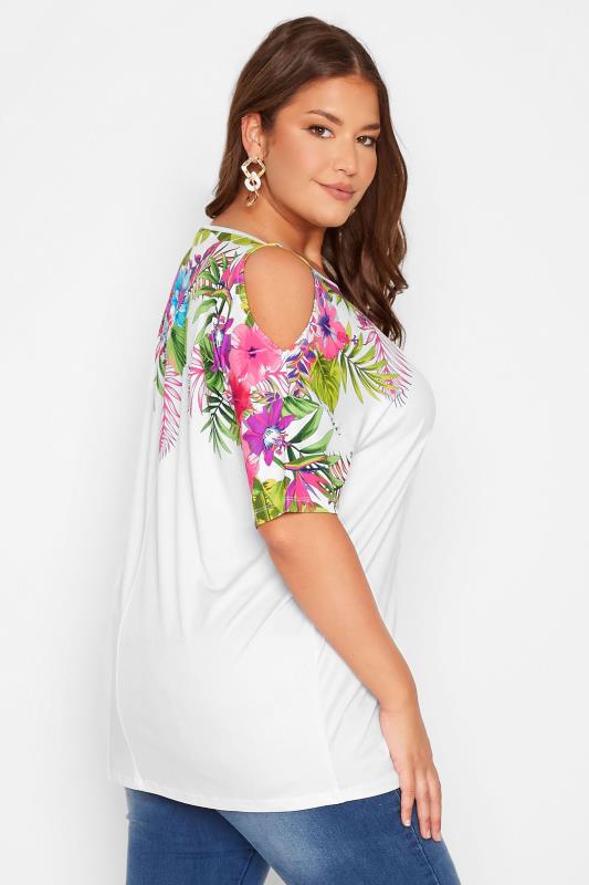 Plus Size White Tropical Print Cold Shoulder Top | Yours Clothing 3