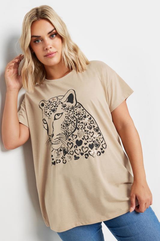 YOURS Plus Size Natural Brown Leopard Print Sequin T-Shirt | Yours Clothing  1
