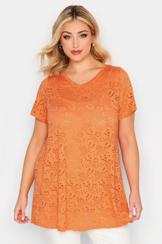 YOURS Curve Plus Size Orange Broderie Anglaise Swing V-Neck T-Shirt | Yours Clothing  1