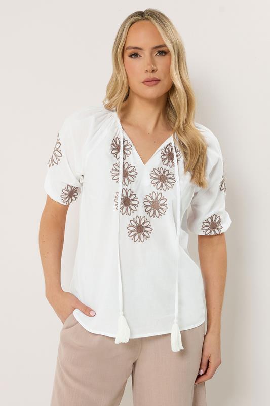  LTS Tall White Floral Embroidered Cotton Blouse