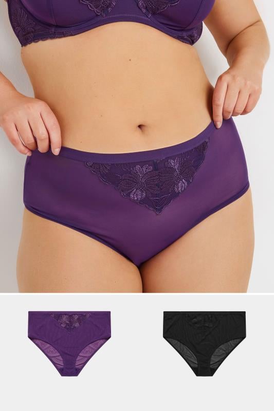  Grande Taille YOURS Curve 2 PACK Purple & Black Floral Lace Briefs