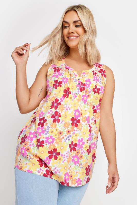 YOURS Plus Size Yellow Floral Print Pintuck Henley Vest Top | Yours Clothing 1