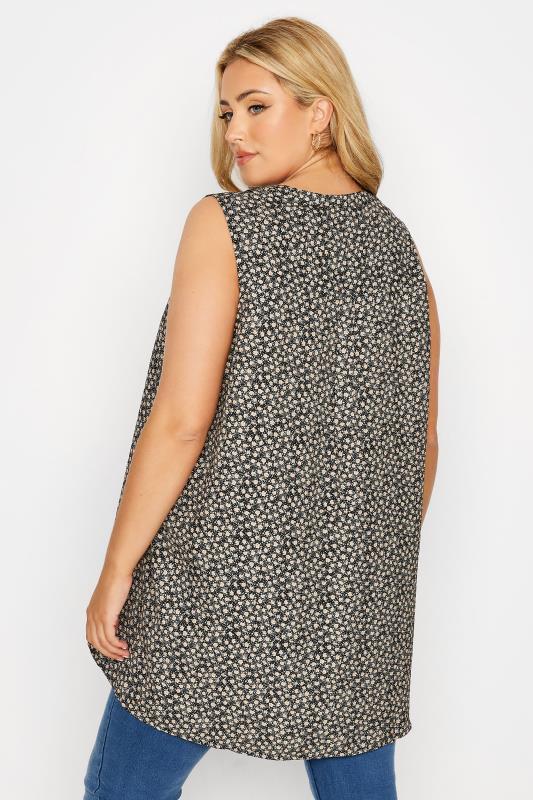 Plus Size Black Ditsy Print Pleat Detail Top | Yours Clothing 3