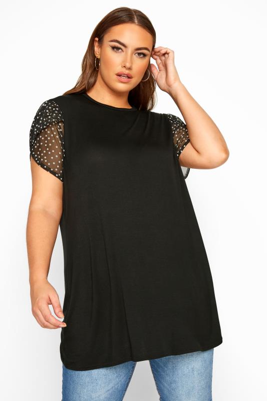 LIMITED COLLECTION Black Spot Mesh Wrap Sleeve Top | Yours Clothing