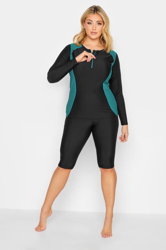 YOURS Plus Size Curve Blue Zip Front Long Sleeve Swim Top | Yours Clothing 3