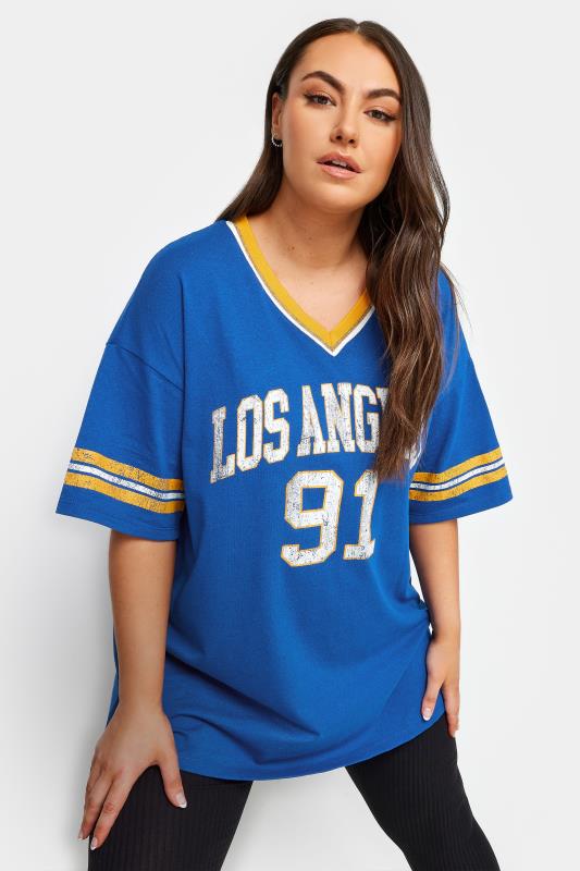 YOURS Plus Size Blue 'Los Angeles' Slogan Varsity T-Shirt | Yours Clothing 1