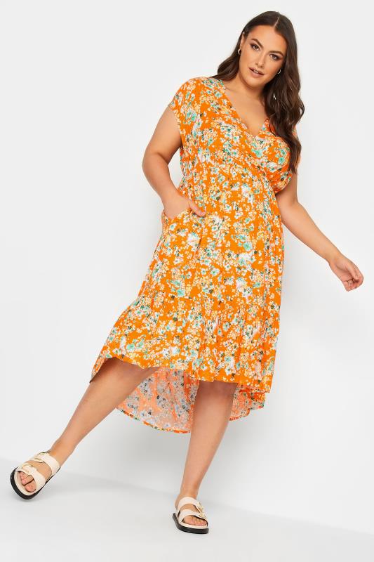 YOURS Plus Size Orange Floral Print High Low Wrap Dress | Yours Clothing 1
