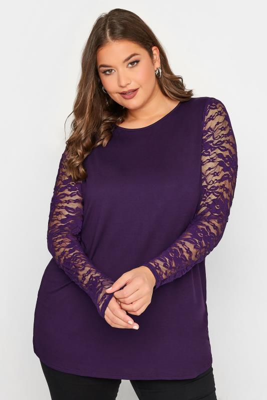 LIMITED COLLECTION Plus Size Purple Lace Sleeve Top | Yours Clothing 1