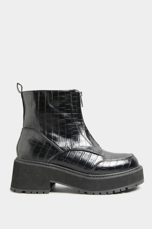 Black Croc Leather Look Zip Chunky Boots In Wide Fit | Yours Clothing 3