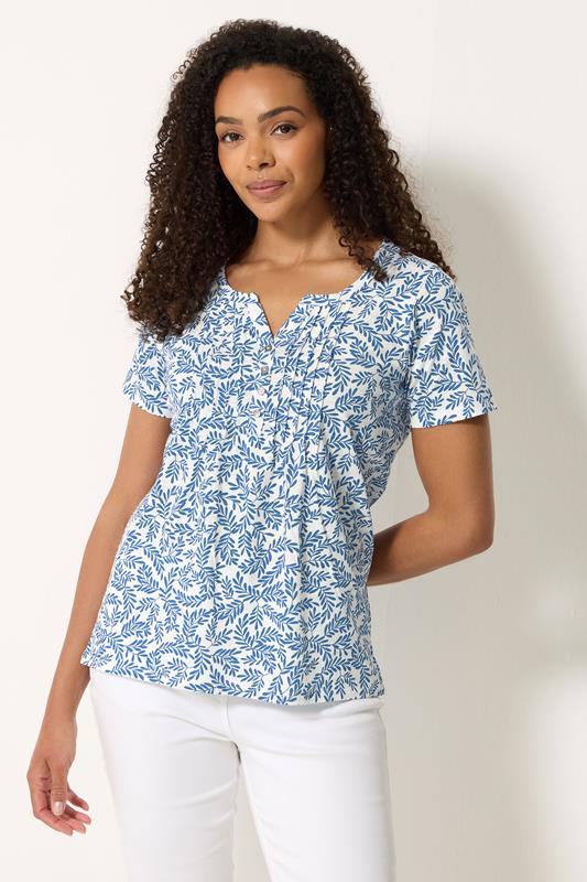  M&Co Blue & White Leaf Print Cotton Henley Top