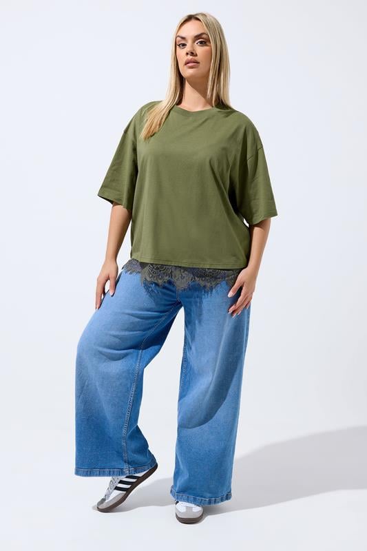LIMITED COLLECTION Plus Size Khaki Green Lace Hem T-Shirt | Yours Clothing 1