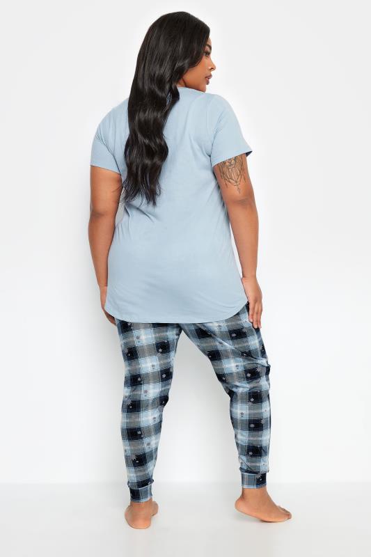 YOURS Plus Size Light Blue 'Sleep Owl Night' Check Print Pyjama Set | Yours Clothing 4