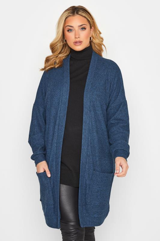 Plus Size Blue Ribbed Soft Touch Pocket Cardigan | Yours Clothing 1