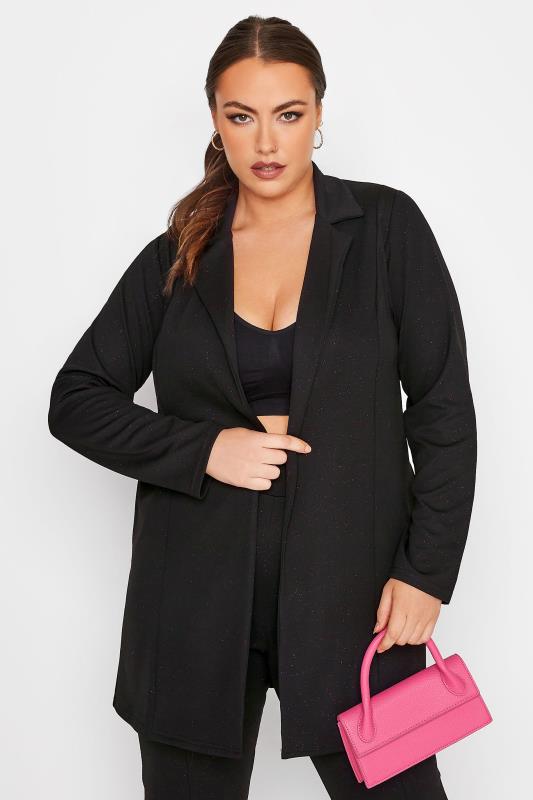 YOURS Curve Plus Size Black & Pink Glitter Longline Blazer | Yours Clothing 1