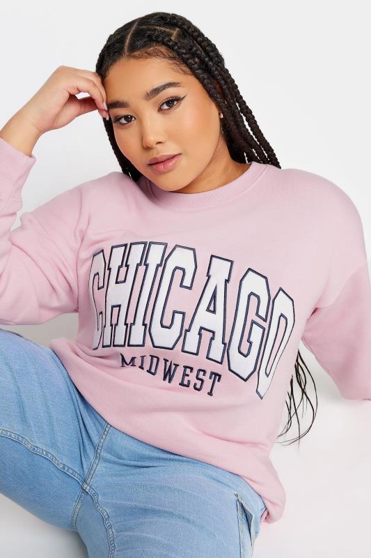 YOURS Plus Size Pink 'Chicago' Crew Neck Sweatshirt | Yours Clothing 4