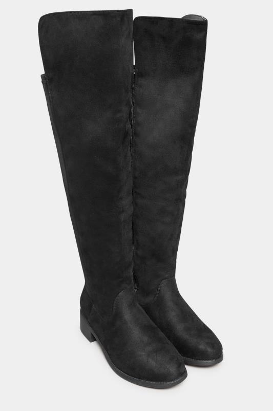 Black Suede Stretch Knee High Boots In Extra Wide EEE Fit 2