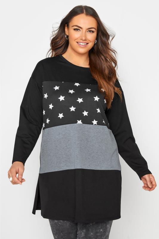 Plus Size Black Colour Block Star Print Top | Yours Clothing 1