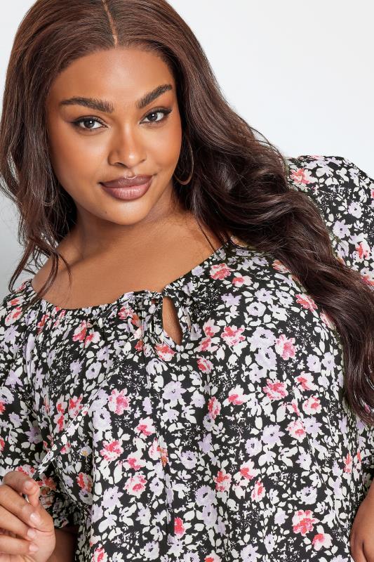YOURS Plus Size Black & Pink Floral Print Gypsy Top | Yours Clothing 4