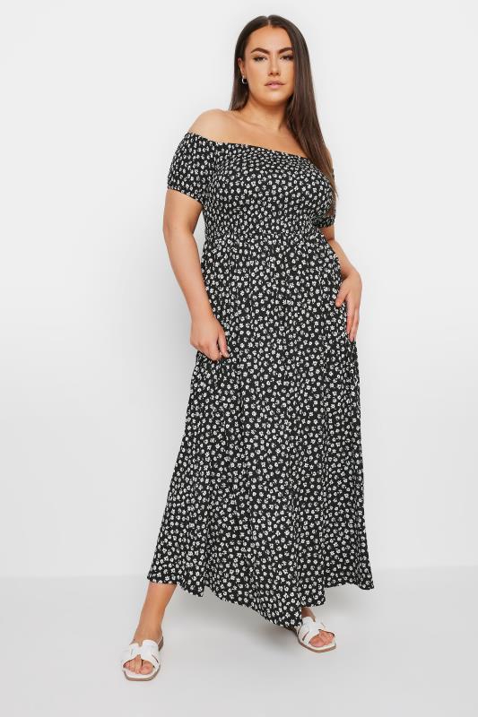 YOURS Plus Size Black Floral Print Bardot Midaxi Dress | Yours Clothing 1