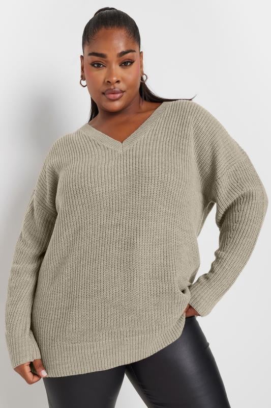 YOURS Plus Size Beige Brown V-Neck Knitted Jumper | Yours Clothing 1